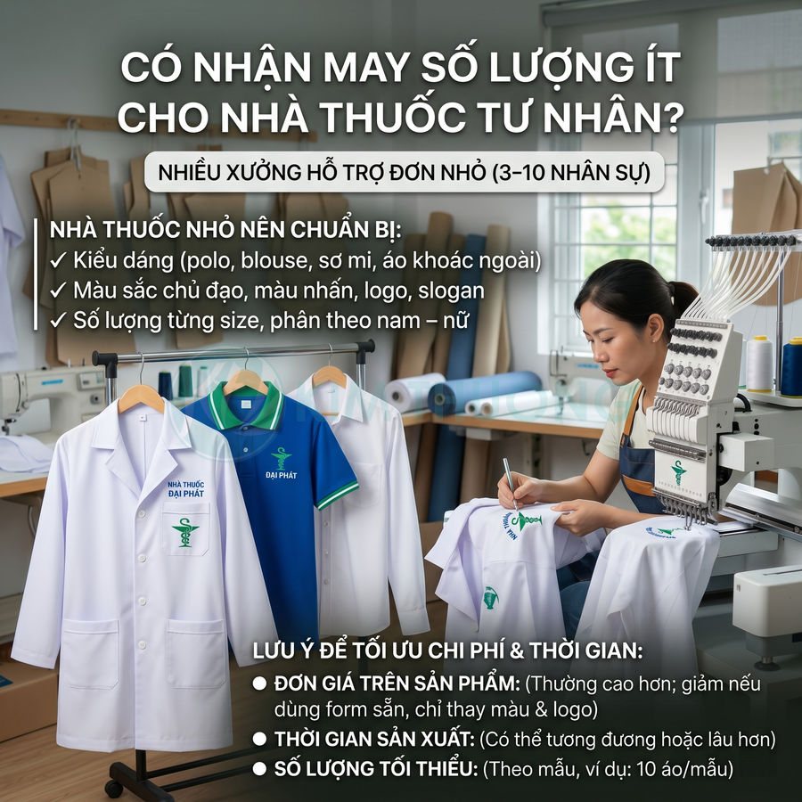 Xưởng may đồng phục nhà thuốc tư nhân với áo blouse trắng và áo polo xanh in logo Nhà Thuốc Đại Phát